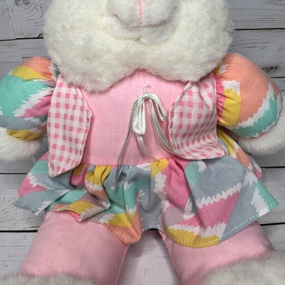 Vintage Plush Bunny Rabbit Doll 14" Pastel Rainbow Dress Gingham Bow Easter Toy - Picture 3 of 8